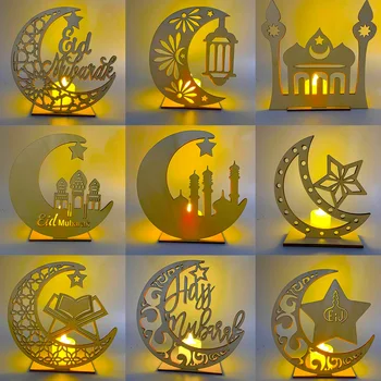 Eid Mubarak Leseni Okraski DIY Lesena Dekoracija Z LED Nočna Lučka Lučka Muslimanskih Islamske Dekoracijo Počitnice Darilo