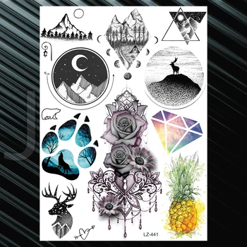Lepa Rose Peony Planetov Začasne Tetovaže Za Ženske, Dekleta Body Art Tatoos Realne Ponaredek Geometrijske Fox Elk Tetovaže Slikarstvo