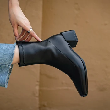 Ženske Jeseni Čevlji Pravega Usnja 2021 Nov Trend Spredaj Zadrgo Dame Čevlji Čevlji na prostem Nizke Pete Škornji Ženske čevlje
