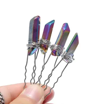 Boho Ženska Poroko Lasnice Umetno Raw Quartz Crystal Gradient Lase Posnetek Stick