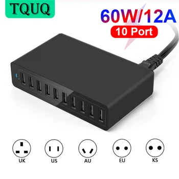 TQUQ 10port 60 W USB Power Adapter Multi-port Polnilnik Postaja 5V 12A Polnjenje prek kabla USB med EU in ZDA UK AU KS Plug Za Mobilni Telefon, Tablični računalnik