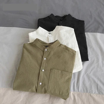 Preproste Zasnove, Trdne Barve Majice z Dolgimi Rokavi korejski Moda Mandarin Ovratnik Bombaž Bela Črna Majica je Mehka in Udobje