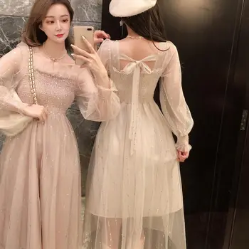 2021 Korejski Pomlad Fairycore Obleka Ženske Očesa Dolgo Kvadratnih Ovratnik Marelično Roza, Zelena Sequined Obleke Sladko Žensko Obleko Til
