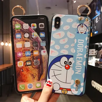 Nova Risanka Doraemon Primeru Telefon za IPhone 7 8 6S 6 Plus X XR XS Max Cute Anime Zapestje Trak Stojalo Pokrov Funda za IPhone X Primeru