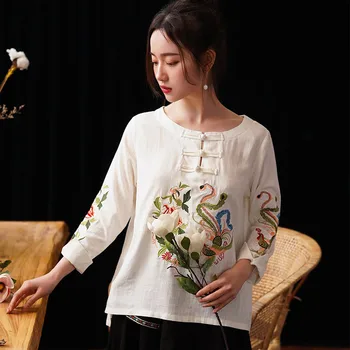 Bombaž In Lan Etnične Vezenje Bluzo z Dolgimi Rokavi Ženske Retro Pomlad Poletje Kitajski Slog Vezenje Čaj Umetnosti Hanfu