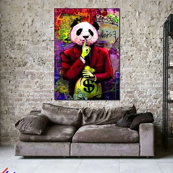 Groen Paars Panda Gezicht Maken De Hrupa Plakat Geld Tas Natisne Platno Slikarstvo Motivatie Straat Wall Art Slike Doma Dekor