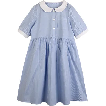 Poletje 2021 Nova Lutka Ovratnik Korejski Slog Otrok Oblačila Kratek Teen Dekleta Prugasta Priložnostne Obleko Bombaž Mozaik, #9426