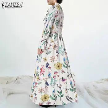 Ženska Bohemian Maxi Obleko ZANZEA 2021 Jeseni Cvjetnim Tiskanja Haljo Lady Elegantno Ruffle Vestidos Počitnice Priložnostne Lok Obleke Oversize