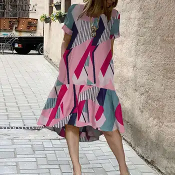 Vintage Bombaž Perilo Midi Vestidos 2021 Poletje Tiskanja Ženske obleke ZANZEA Priložnostne Visoko Nizko Dolgo Sundress Ženski Plašč