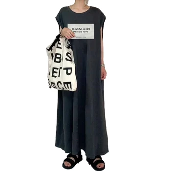Japonski Slog Poletje 2021 Novi Retro Design Temperament Pismo Tiskanje Barva Krog Vratu, Ohlapno Priložnostne ženska Obleka