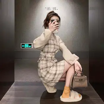 QWEEK korejski Slog Obleko Obleke za Ženske do leta 2020 Elegantno korejski Moda Obleko korejski enodelno Obleko Kariran Žensk Pomlad, Jesen