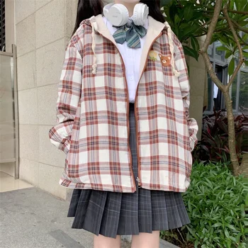 Spomladi Lepe Risanke Medved Vezenje Kariran Plašč Za Teen Girl Japonski Vintage Malo Sveže Zadrgo Long Sleeve Hooded Suknjič Ženske