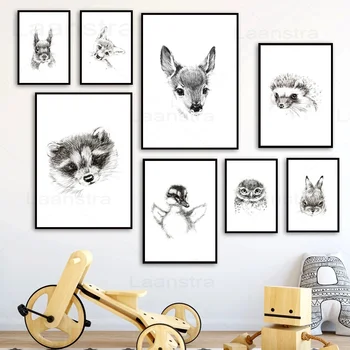 Sodobna Črne in Bele Živali Platno Slikarstvo Raca Malo Rakun Stenske Slike za dnevno Sobo Preprosto Srčkan Živali, Plakati, Tiskanje
