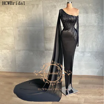 Ena Ramenski Črno Večerno Obleko Z Dolgimi Cape Ravne Dolžina Tal Kroglice Saten Elegantne Ženske Formalno Večerne 2021