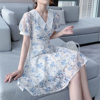 Cvetlični Obleko za Ženske Obleke Cute Sweet Girls Kratek Rokav Obleka A-Line Poletje korejski Moda Priložnostne Iz Votlih