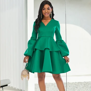 Stranka Zeleni Dolg Rokav Obleka Ženske Visoko Pasu Line Naguban Ženski Božični Pomlad Moda Novo 2021 Afriške Femme Plus Velikost