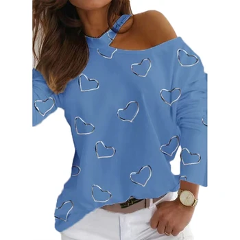 Tiskanje Srce Eno Pleče Dolgo Rokav Priložnostne Bluze za Ženske Dihanje Krog Vratu Bombaža T-Shirt Barva d88
