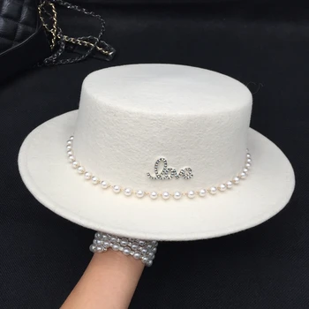 Spomladi in jeseni, pozimi novo biseri diamond ravno temperament volne beli klobuk za ženske