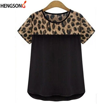 Leopard Natisniti Mozaik Design Srčkan Šifon T-shirt Modi Nove Ženske Poletje T Majica Kratek Sleeve Zgornji del Ženske Priložnostne Tee Majica