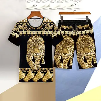 Nov poletni moški šport obleko za moške 3D tiger kratka sleeved priložnostne slim T-shirt hlače Kitajski zmaj tiskane športne obleko