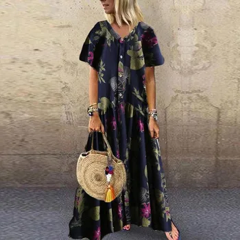 2021 Moda Poletje Obleko Maxi Žensk Natisnjeni Sundress Priložnostne Kratek Rokav Vestidos Ženski Visok Pas, Haljo Femme Plus Velikost