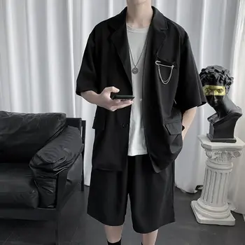 Poletje Obleko Moda za Moške Sivo Črna Kratka sleeved Suknjič Moških korejskem Slogu Ohlapno Obleko, Jakno Mens Poslovnih Socialne Obleko