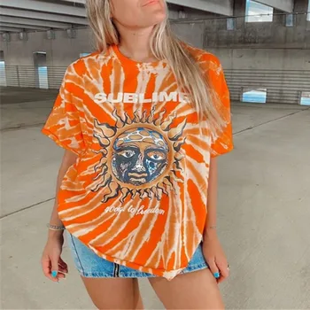 Svetlo Oranžno Sonce Graphic Tee Ženska Tshirts 2021 Poletje Nove Priložnostne Obrabe za Najstnike Dekleta O-Vratu, Ohlapno Prevelik T Shirt Harajuku