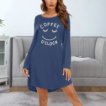 2021 Ženska Pismo Nightgowns Sleepshirts Sleepwear Priložnostne Svoboden Spanja Majico Natisnjeno Noč Obleko Z Dolgimi Rokavi More