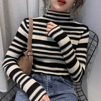 2021 spomladi in jeseni nov slog priložnostne korejskem slogu pol-visok ovratnik, dolgi rokavi tanek prugasta puloverju pulover za ženske