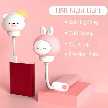 LED USB Lučka Zatemniti Noč Svetlobe Srčkan Otrok Noč Lučka Zajec Medveda z Daljinskim upravljalnikom za Otroke Branje Luči Postelji Svetlobe