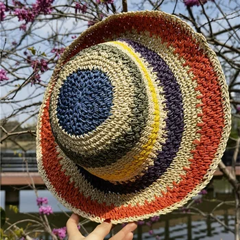 Slamnati klobuki pomlad poletje multicolor mozaik za zaščito pred soncem široko roba poletni klobuki na prostem priložnostne plaži trak ročno sonce klobuki