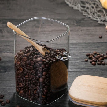 Nepredušni Shranjevanje Živil Jar Stekla Coffee Bean Spice Sladkorja, Moke, Kozarce, Posode s Pokrovi in Leseno Žlico Steklo steklenice za shranjevanje