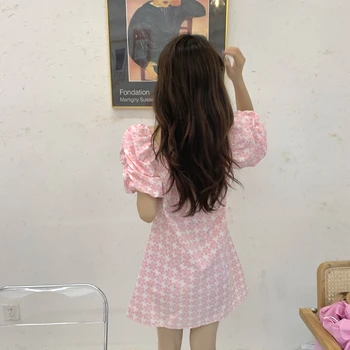 Kimotimo Sladko Roza Cvetlični Obleka Ženske Korejski Elegantna Kvadratnih Ovratnik Puff Rokav Gube Malček Mini Obleke Moda Poletje 2021