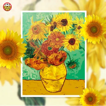 Barvo s Številko tihožitje: Vaza s Petnajst Sončnice Van Goghovih Sončnic Slikarski Čopič Močno Classi Enem Kosu Cvet Evrope