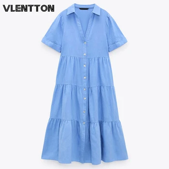 2021 Pomlad Poletje Ženske Letnik Modra Perilo Naguban Shirt Obleko Priložnostne Kratek Sleeve Solid Svoboden Midi Obleke, Ženske Vestidos