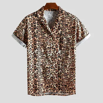 Poletna Majica Mens Vrh Priložnostne Kratek Rokav Havajske Srajce Znižuj Ovratnik Leopard Print Majica Moški Obleka, Moška Obleka Vrhovi