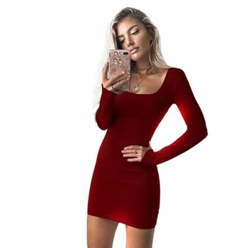 Dolg Rokav Seksi Bodycon Obleka Ženske 2021 Klub Jeseni Osnovne Trdna Kvadratnih Vratu Vino Rdeča Črna Ženska Mini Obleka Pozimi