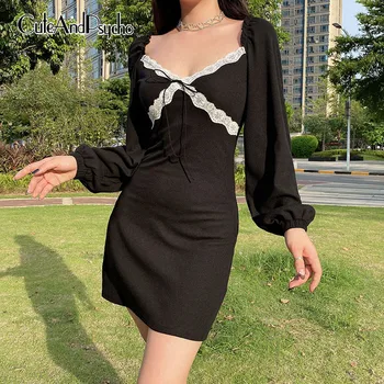 Vintage Čipke Mozaik y2k Obleke za Ženske Puff Rokavi, V-izrez Bombaž Črno Obleko Bodycon Seksi korejski Mini Obleka Cuteandpsycho