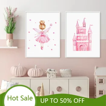 WTQ Princess Pink Dream Castle Dekle Vrtec Wall Art Platno, Slikarsko, Plakati, Tiskanje Spalnica Soba Dekor Za Dekle Domov Dekoracijo