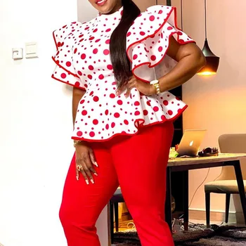 Poletje Rdeča Polka Dot Tiskanja Bluzo Ženske Modni Ruffles Blusa Afriške Ženske Priložnostne Vrhovi Kratkimi Rokavi Tshirt 2021 Plus Velikost