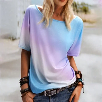 2021 Novo Poletno Modo Žensk Priložnostne O-vratu T-shirt Kratek Rokav Gradient Barvno Tiskanje Bluze Plus Velikost Vrhovi Prevelik 5XL
