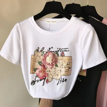 Korejski Poletje Ženske Sladko Bombaža T-Shirt Moda Vezenje Cvet Pulover Ženske O Vratu, Ohlapno Priložnostne T-shirt Plus Velikost