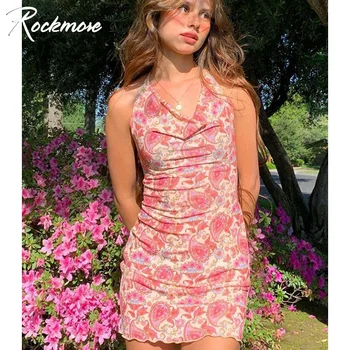 Rockmore Poletni Cvetlični Mini Obleke Bodycon Ženske Harajuku Y2K Letnik Tiskanja Povodcem Kratko Obleko Seksi Plaži korejski 90. letih Obleke