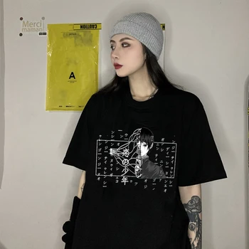 футболка Harajuku Japonska Risanka Tiskanja Črno Rastlinske Ženske majice Goth Ulične Kratek Rokav Tee Ženski Kawaii Gothic