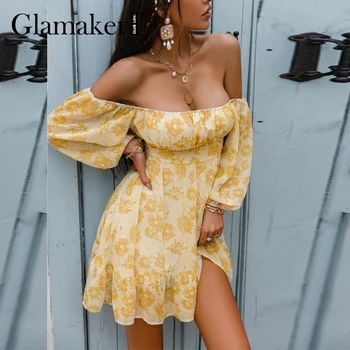 Glamaker Bohemia počitnice plaže poletje Cvjetnim natisne obleka Ženske A-line eleganten modni ruffles šifon mini pomlad obleko 2021