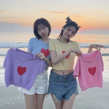 Multicolor Ljubezen Plišastih T-majice Ženske korejski Pletena Kratka Sleeved Tees Sladko Poletje Fitnes Crop Tops