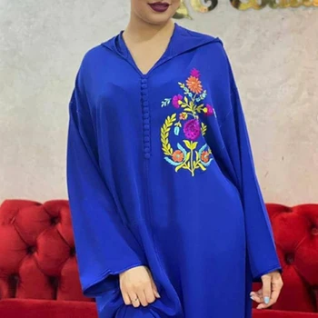 Vezenje Cvetlični Obleko Dolgo Dubaj Muslimanske Ženske 2021 Pomlad Poletje Moda Hooded Dolge Rokave Elegantno Maxi Obleke Haljo Femme