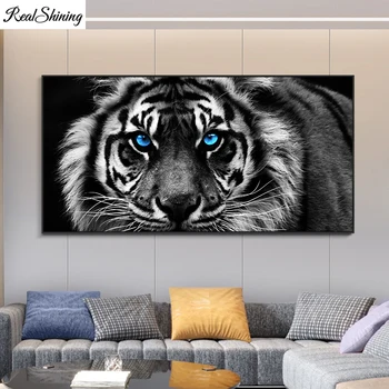 Velika velikost Diy Diamond Vezenje Črno Beli Tiger Modre Oči 5D Diamond Slikarstvo Navzkrižno Šiv Kompleti Živali v slikah, F1073