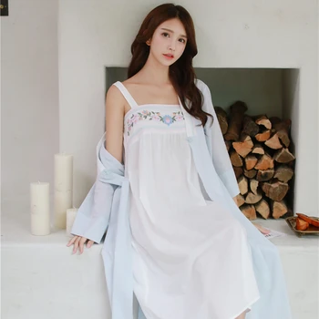 Haljo Nightgown Dekle Ženske Sleepwear Vezenje Dolgo Haljo Kitajski retro slogu Haljo Set