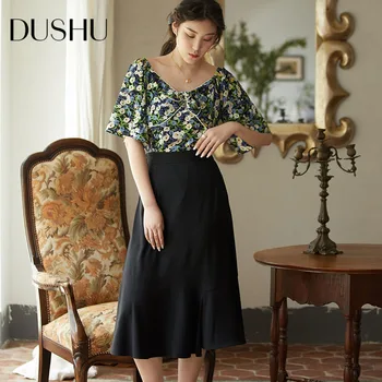 DUSHU Plus velikost ruffle black visoko pasu krilo Ženske urad elegantno dolgo asimetrični krilo Pomlad poletje žensko krilo letnik